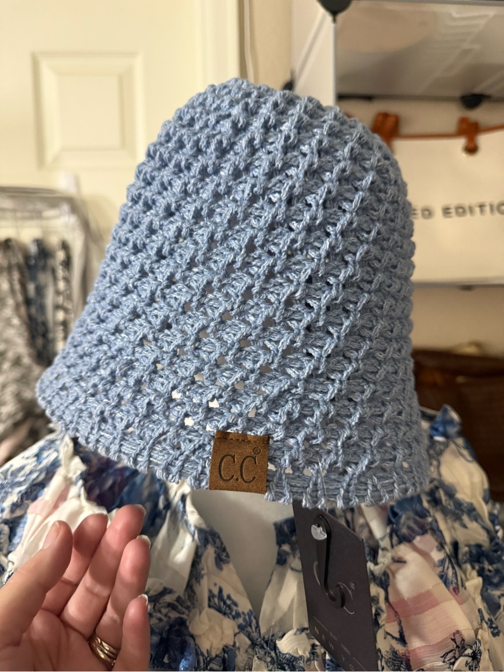 C.C Sky Blue Crochet Bucket Hat with Branded Patch